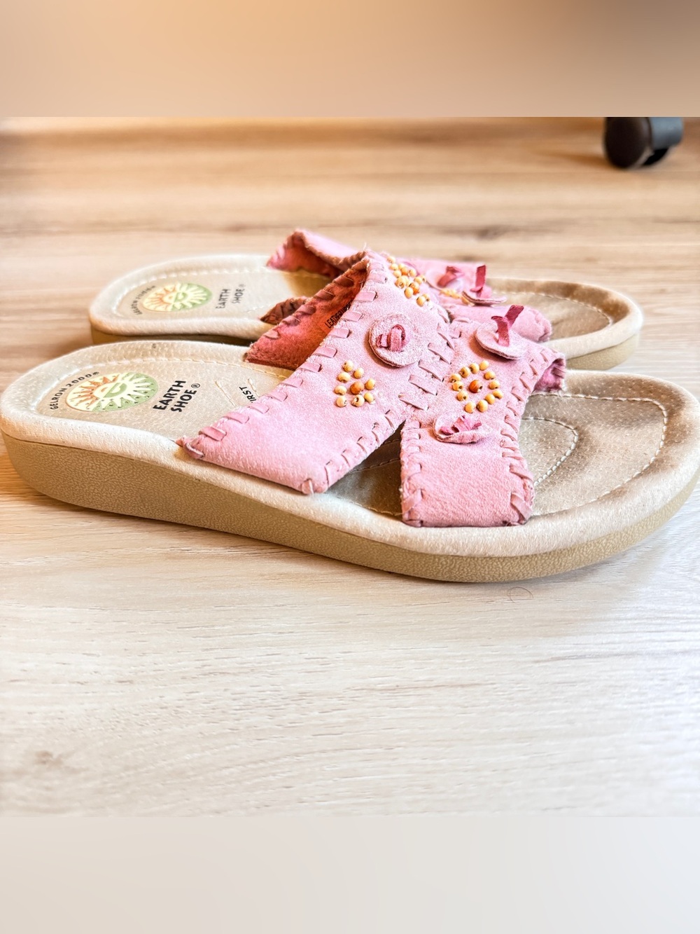 Women's Pink Leather Embroidered Slide Sandals